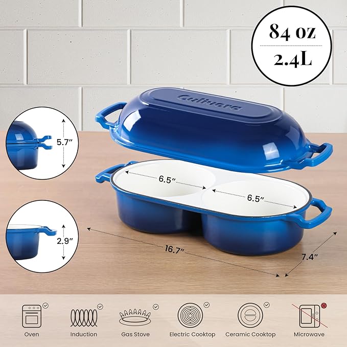 Cast Iron Bread Pan with Lid, Enamel Sourdough Baking Dutch Oven Pot, Double Round Loaf Space for Homemade, Bread, Cake, Meatloaf, 16.5cm Diameter, 500°F Oven Safe, Non Stick, Blue