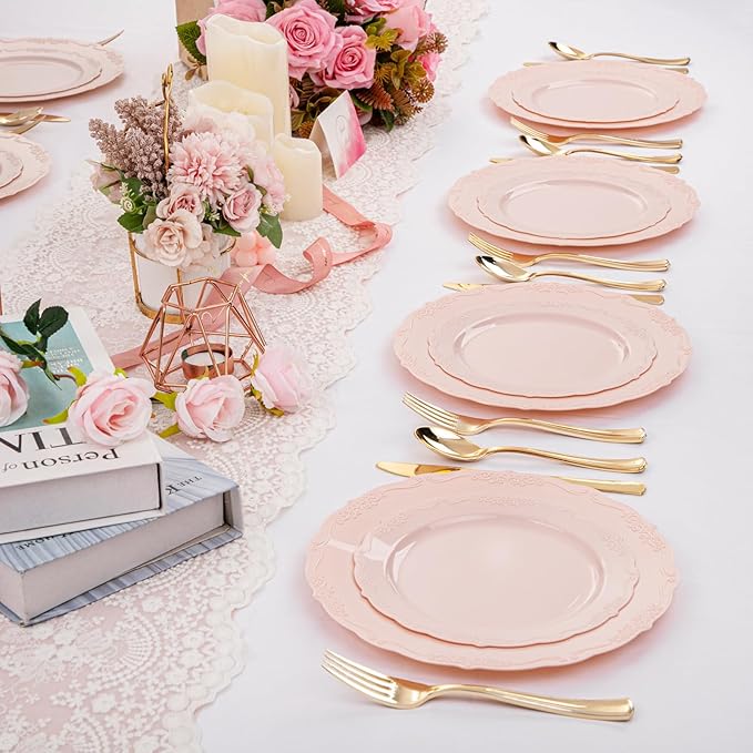 U-QE 100PCS Mauve Pink Plastic Plates for Party - Plastic Plates Disposable Heavy Duty - Pink Easter Plates for Party Including 50PCS 10.25'' &50PCS 7.5''