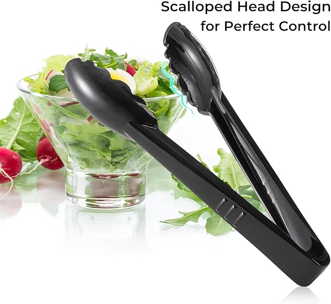 40 Pack Plastic Tongs for Serving, 9" Disposable Buffet Tong, Heavy Duty Scalloped Serving Utensil Tongs, Bulk Charcuterie Accessories for Party Events Catering Kitchen BBQ Ice Salad, Black