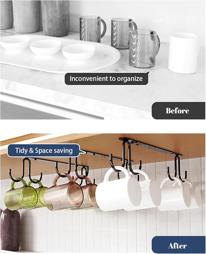 Mug Hooks Under Cabinet 3 Pack, Metal Cup Hooks for Hanging Under Shelf, Mug Organizer Rack with 12 Hooks for Displaying Mugs, Coffee Cups and Kitchen Utensils, Black