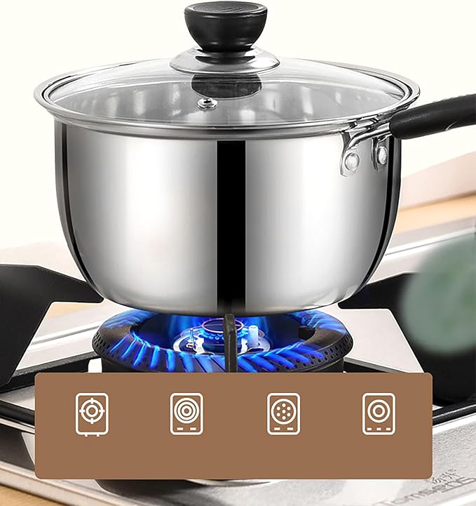 Stainless Steel Thin Saucepan, 1.3 Quart Long Handle Milk Pot with Lid for Warming, Cooking and Boiling Milk, Spaghetti, Soup in Kitchen and Outdoor (18cm)