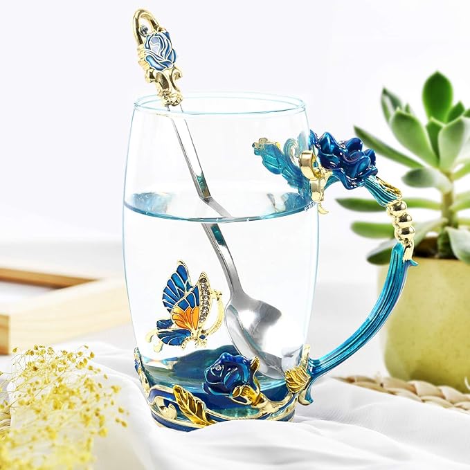 330ML Enamel Tea Cup Glass Coffee Mug Handmade Rose Flower Tea Mug for Father's Day,Mother's Day,Valentine’s Day, Birthday, Christmas Gift with Stainless Steel Spoon Set