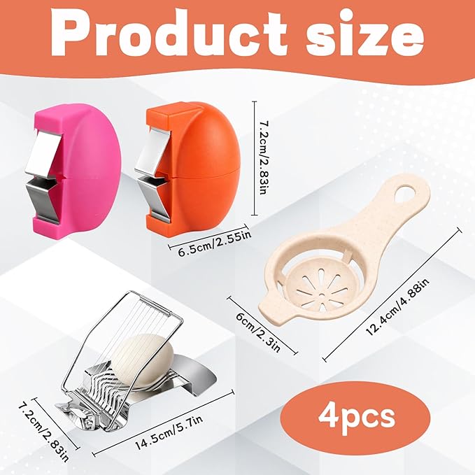4-Piece Kitchen Tool Set with Plastic and Stainless Steel Openers, Egg Opener for Hard Boiled Eggs and Egg Shell Cutter, Easy Egg Peeling and Separating for Home Cooks and Baking Enthusiasts