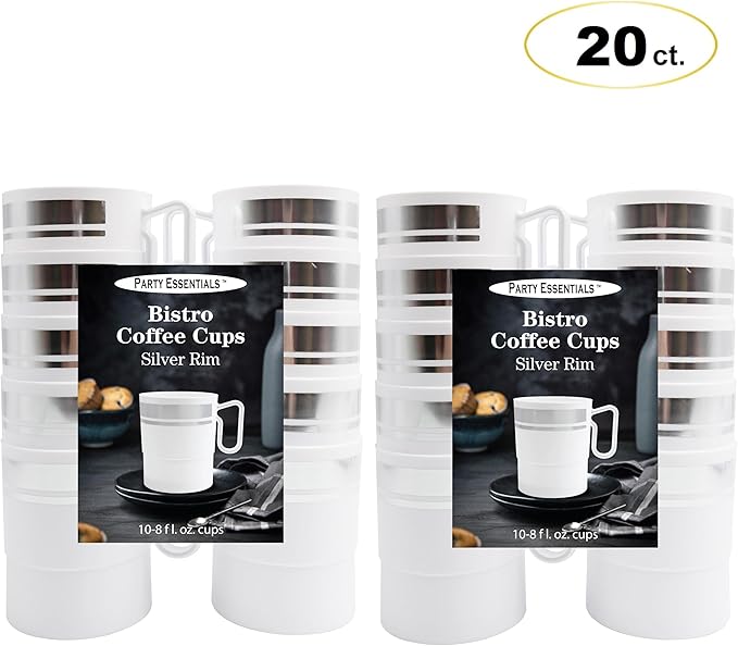 Party Essentials 8-Ounce Hard Plastic Coffee Cup/Tea Mug with Handle, 20-Count, White W/Silver Rim