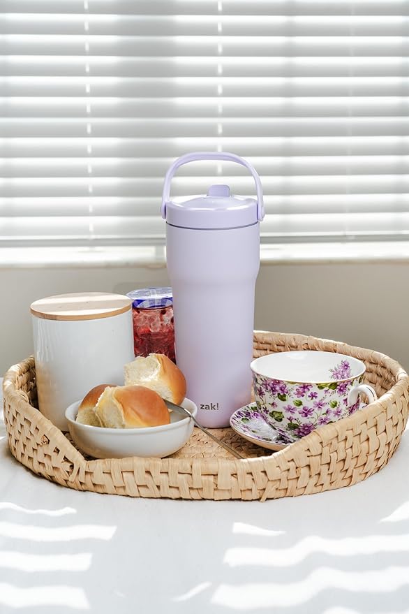 Zak Designs Sutton Travel Tumbler for On the Go, 30oz Stainless Steel with Vacuum Insulation, Straw Spout, Carry Handle for Cold Drinks (Smoky Lilac Purple)