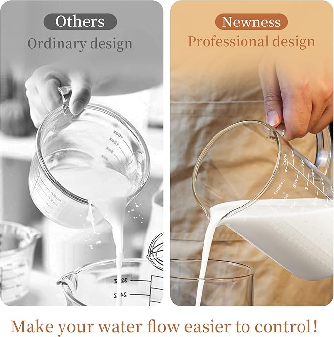 Newness Glass Measuring Cup with Handle, 1000 ML (1 Liter, 4 Cup) Measuring Cup with Three Scales (OZ, Cup, ML/CC) and V-Shaped Spout, Measuring Beaker for Kitchen or Restaurant, Easy to Read