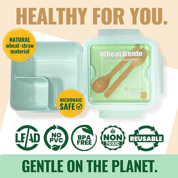 Lunch Box for Kids, Large 2-Compartment, Durable and Microwave Safe, BPA-Free with Utensils, Wheat Straw Bento Box for Kids – Green