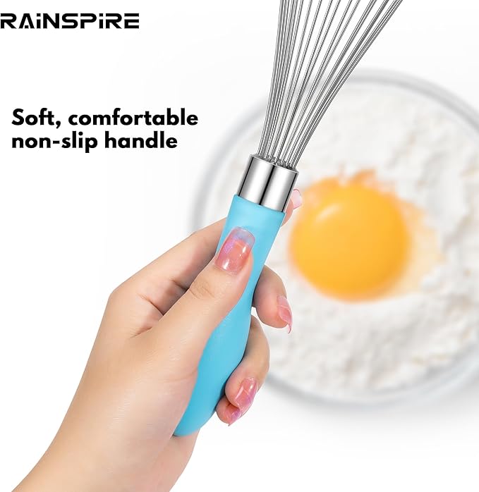 Rainspire 12-Inch Wire Whisk Stainless Steel, Balloon Whisks for Cooking, Wisk Wisking Tool With Soft Silicone Handle, Thick Durable Whisker for Blending, Beating, Whisking, Stirring, Blue