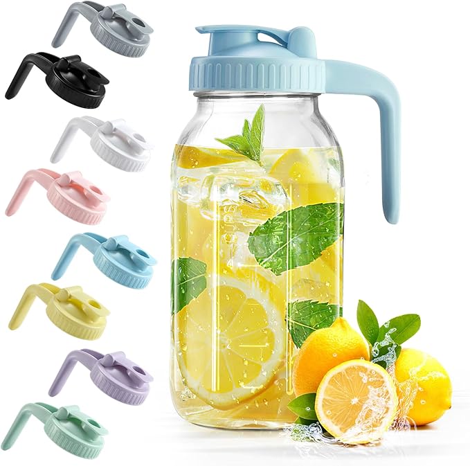Mason Jar with Pour Spout Lid V-shaped, 2 Quart Iced Tea Pitcher Double Leak Proof, 64 oz Drink Pitcher for Breastmilk, Sun Tea, Juice, Coffee Creamer