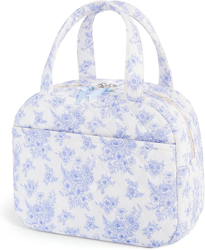 Quilted Lunch Box for Women,Coquette Aesthetic Lunch Box for Teen Girls,Cute Floral Lunch Bags for Work, School,Office,Picnic,Travel (Elegant Blue Floral)