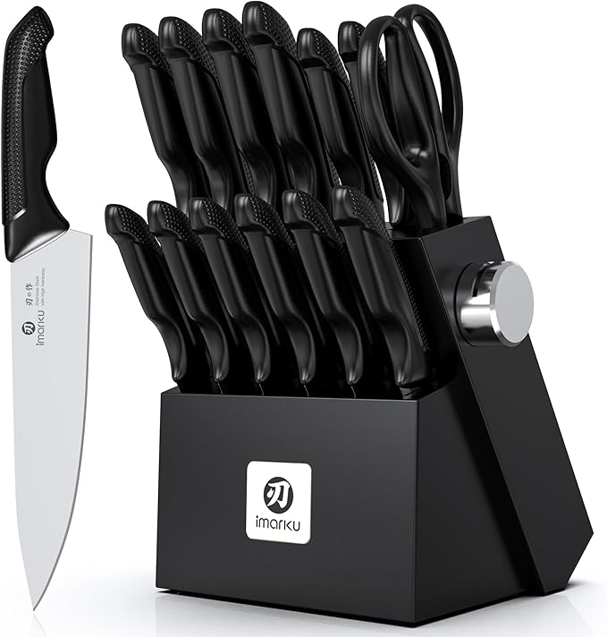 imarku 14-Piece Premium Knife Block Set, Black Kitchen Knife Set with Block and Build-in Sharpener, High-Carbon Stainless Steel Knives for Lasting Sharpness, Dishwasher Safe, Gift for Men