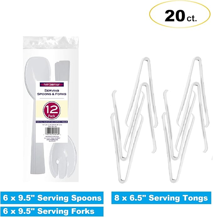 Party Essentials Plastic Party Buffet Serving Utensils Kit, Spoons/Forks/Tongs, 20-Piece, White