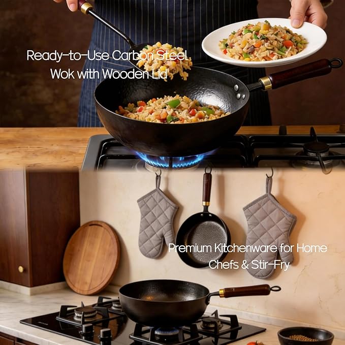 Calmabode 10" Pre-Seasoned Carbon Steel Wok - Fast, Even Heating - Works on Gas, Electric & Induction - Durable Commercial-Grade - Ready-to-Use, Easy Maintenance - Toxin-Free Cooking - Deep Pan
