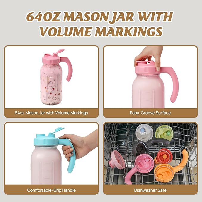 Soligt Glass Mason Jar Pitcher with Lid, Wide Mouth Flip Cap Pour Spout Leak-proof Lid with Handle, 64 oz (2 Quart / 1.9 Liter), for Iced Coffee/Sun Tea Juice/Cold Brew Coffee/Milk (1Pack, Taffy Pink)