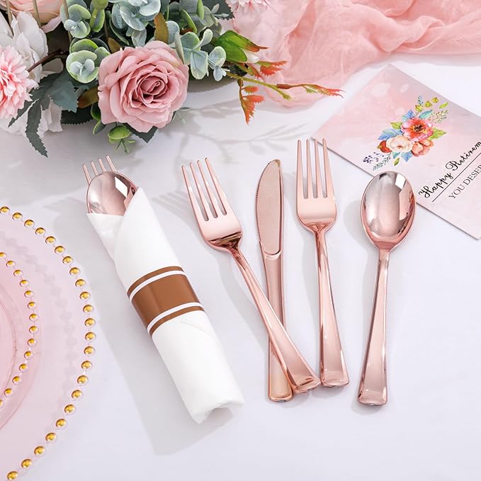 Supernal 100 Pack Rose Gold Plastic Silverware, Wrapped Silverware Set Disposable, Wrapped Plastic Cutlery Set with Napkin, Rose Gold Disposable Cutlery Set for Wedding, Party, Birthday