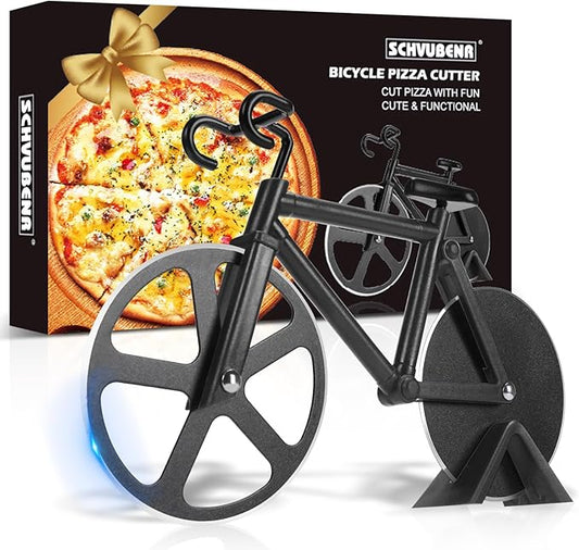 Bicycle Pizza Cutter Wheel - Gifts for Cyclists, Men, Dad, Bike Lovers - Funny Kitchen Gadgets - Cool Father’s Day, Christmas, Birthday, White Elephant Gifts - Stainless Steel Pizza Slicer(Black)