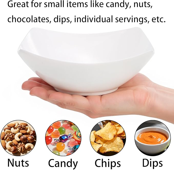 Hacaroa 16 Pack Plastic Serving Bowls, 24 Oz Small Salad Bowl Square White Candy Bowls Party Snack Bowl for Chips, Fruit, Popcorn, Dips, Entertaining, Catering, Thick Plastic
