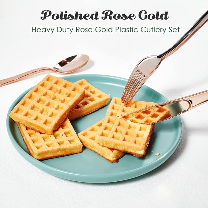 FOCUSLINE 75 Pack Rose Gold Plastic Silverware Disposable Cutlery Set - 25 Forks Knives Spoons - Disposable Flatware Heavy Duty Plastic Utensils Set for Catering, Parties, Dinners, Weddings