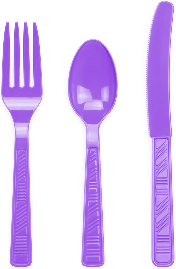 DecorRack Plastic Cutlery Set, Purple Colored Plastic Silverware Sets for Parties, 96 Piece Bulk Heavy Duty Utensils (Purple, 96 Pieces)