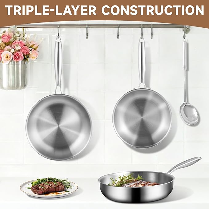 GOLDEN KEY 12 Inch Tri-Ply Stainless Steel Frying Pan with Lid - PFOA/PTFE-Free, Even Heating, All Cooktop Compatible, Oven Safe 500°F, Dishwasher Safe for Searing, Sauteing, Roasting & Frying