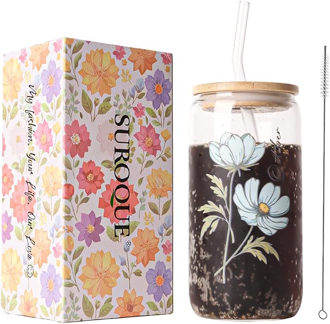Birth Month Flower Iced Coffee Glass Cup 16oz Custom Tumbler Birthday Gifts Personalized Gifts for Women, Teachers, Bridesmaids, Birthdays, Mom, Valentines