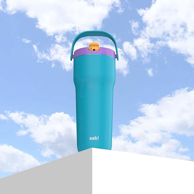 Zak Designs Sutton Travel Tumbler for On the Go, 30oz Stainless Steel with Vacuum Insulation, Straw Spout, Carry Handle for Cold Drinks (Turquoise)