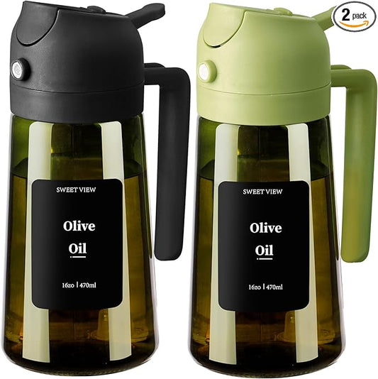 2PCS Olive Oil Dispenser and Oil Sprayer – 16oz/470ml Glass Light-Proof Oil Pourer for Kitchen Air Fryer, Cooking, Salad, and BBQ, with Stickers