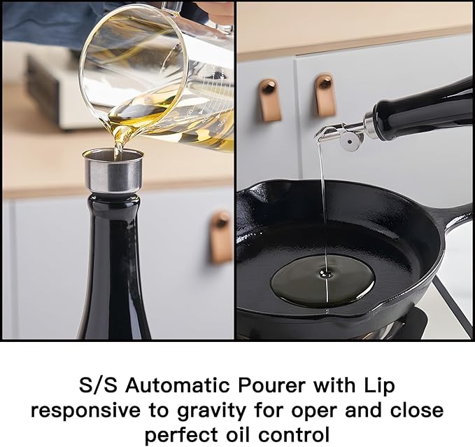 YOLIFE Olive Oil Dispenser Bottle, 20oz Ceramic Oil Dispenser for Kitchen, Oil Bottle with Gravity Spout, Leak Proof EVOO Dispensing Bottle with 2 Spouts and 1 Funnel for Vinegar, Juice(Black)