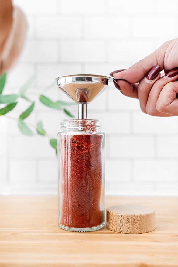 SAVVY & SORTED Glass Spice Jars with Label, 24PK Round Bamboo Jar Spices Set 4oz, 374 Spice Labels, Pepper Grinder, Empty Herb Seasoning Containers, Funnel and Shaker Lids