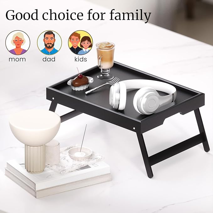 3 Pack Bamboo Bed Tray Table with Folding Legs,Breakfast Trays,Serving Tray,Laptop Tray for Working,Food Snack Tray for Bed and Sofa(Black)