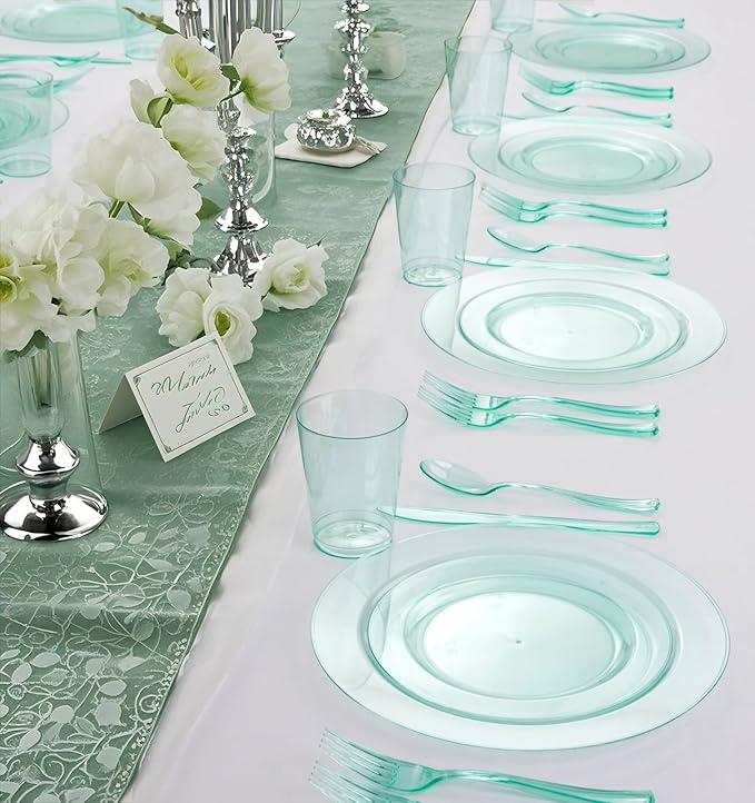 WDF 180 Pieces Green Plastic Silverware Disposable - Clear Green Cutlery Sets 60 Forks, 60 Knives and 60 Spoons - Heavy Duty Plastic Utensils for Party, Summer