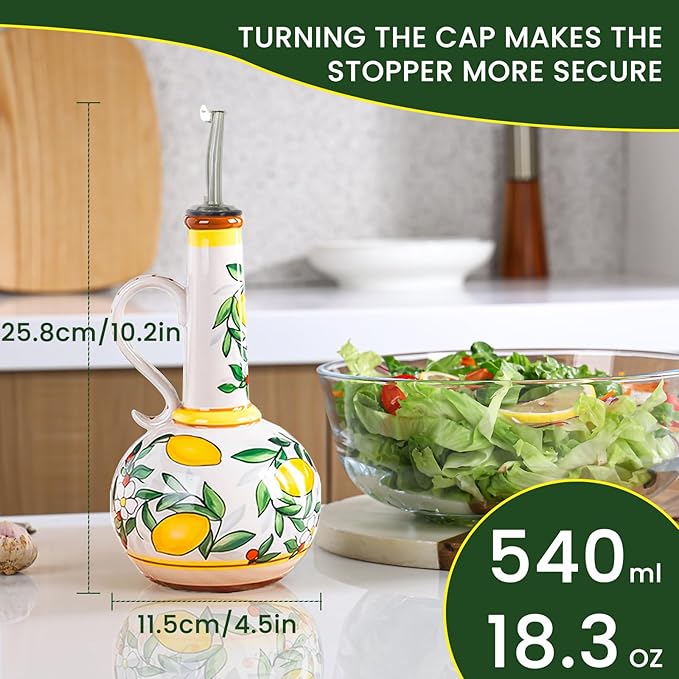 Ceramic Olive Oil Dispenser Bottle – 18.3 oz Oil Cruet with Spout and Handle, Lemon Pattern, 10.2” Tall – Non-Drip Pourer for Kitchen Counter, Salad Dressing, Vinegar, Decorative Oil Container