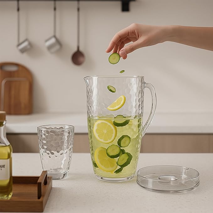 84 oz Crystal-Clear Pitcher with 4 Tumblers Set, BPA-Free Food-Grade Jug with 3-Position Lid & Spout – Large Beverage Pitcher for Party, Iced Tea, Lemonade, Sangria, Fridge-Black