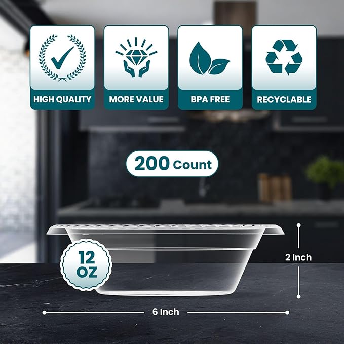 R-kay 200 Pack Clear Plastic Bowls - Microwavable Clear Bowls - Strong Heavy Duty And Sturdy Clear Disposable Plastic Bowls
