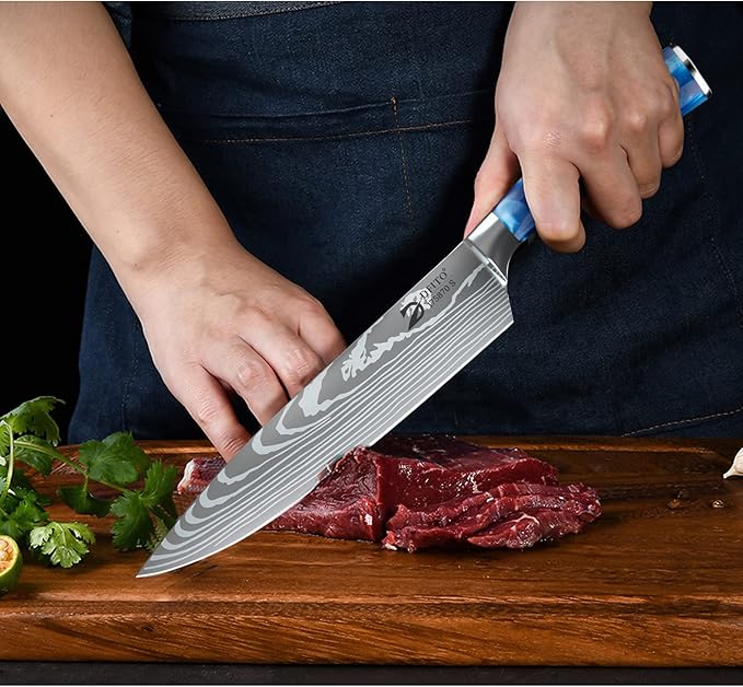 Dfito Chef Knife Sets with Roll Bag, 9 Pieces Professional Knife Set, High Carbon Stainless Steel Kitchen Chef Knife Set, Blue Resin Handle, Dishwasher Safe