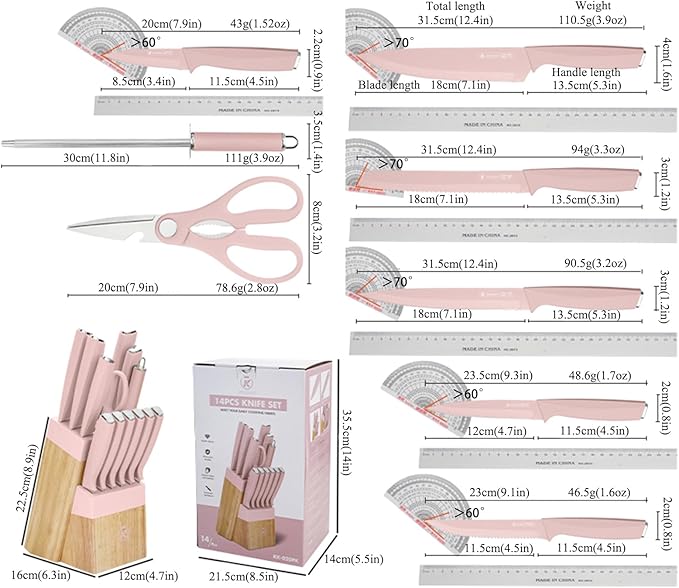 Knife Set, 14-Piece Kitchen Knife Block Set Dishwasher Safe with Wood Block and Sharpener,Non Stick Sharp Stainless Steel Chef Knife Sets for Cooking