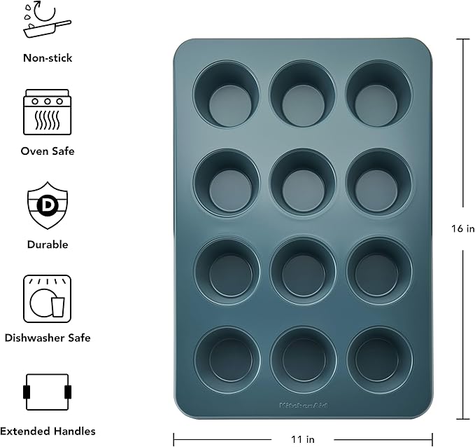 KitchenAid Nonstick Swiss Engineered Aluminized Steel Muffin Pan, Dishwasher Safe, Agave, 12 Cup