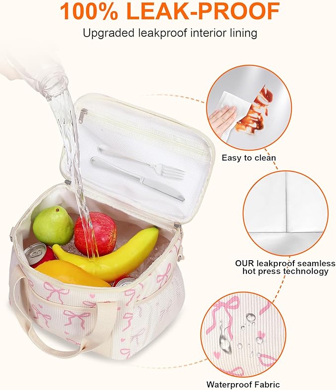 LOIDOU Lunch Box for Women Men Cute Insulated Corduroy Lunch Bag Cooler Leakproof Reusable Adult Lunchbox Adjustable Strap Pink bow lunch tote for Work Office Beach Picnic, Bow