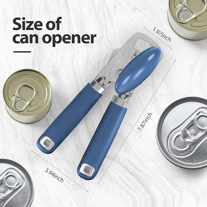 Can Opener Manual, Heavy Duty Stainless Steel Smooth Edge Can Opener With Soft Touch Handle, Oversized Handheld Easy Turn Knob, Multi-Function Bottle Opener, Blue