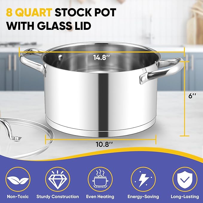 TeamFar 8QT Stock Pot with Lid, Stainless Steel Tri-ply Bottom Cooking Pot for Vegetable Pasta Soup, Works with Induction/Gas/Glass/Ceramic Stoves, Non-toxic & Sturdy, Straight Side & Riveted Handles