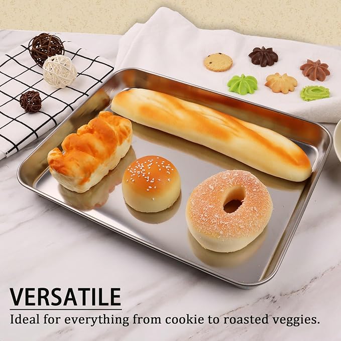 304 Stainless Steel Cookie Sheet, 12.4 * 9.5 Inch Baking Tray, Heat-Resistant Baking Sheet for Professional Kitchens and Home Baking, Silver