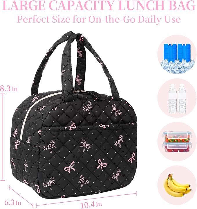 Quilted Lunch Box for Women,Coquette Aesthetic Lunch Box for Teen Girls,Cute Floral Lunch Bags for Work, School,Office,Picnic,Travel (black bow polka dots)