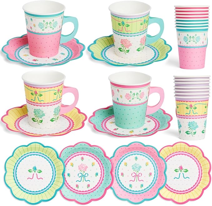 xo, Fetti Tea Party 9oz Cups and Saucers Set - 32 Piece Drinkware Set | Garden Party, Fancy Birthday, Easter, Pastel, Floral, Coquette, Vintage