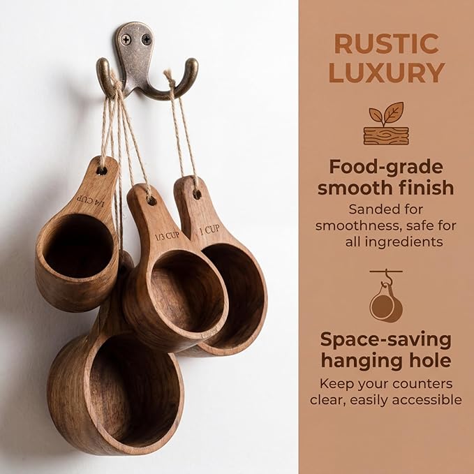 Lyellfe Set of 4 Acacia Wood Measuring Cups, Stackable Kitchen Measure Tool with Handle, Baking and Cooking Measuring Set, Handcrafted with Polish Finish, 4 Size