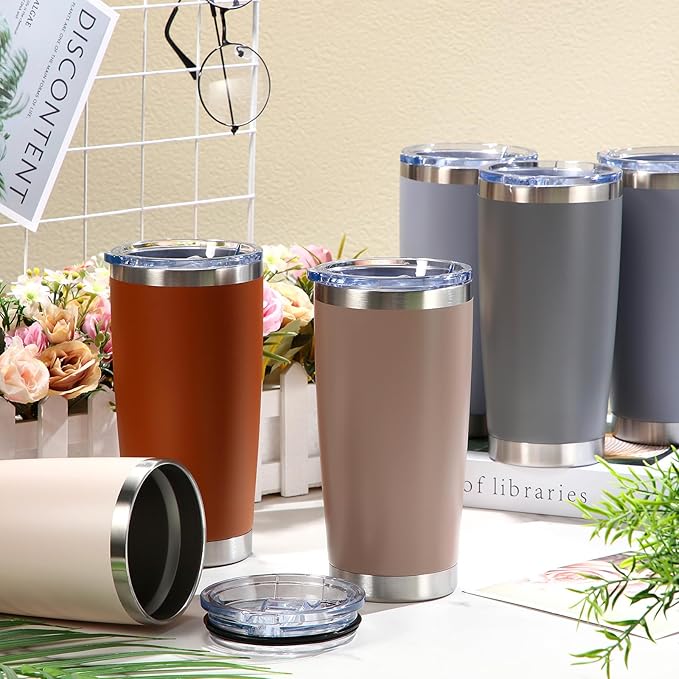 Sieral 36 Pack Stainless Steel Tumblers Bulk with Lids Double Wall Vacuum Insulated Coffee Cups Blank leakproof Powder Coated Tumblers for Engraving Wedding Graduation Party Favors(20 oz,Brown Gray)