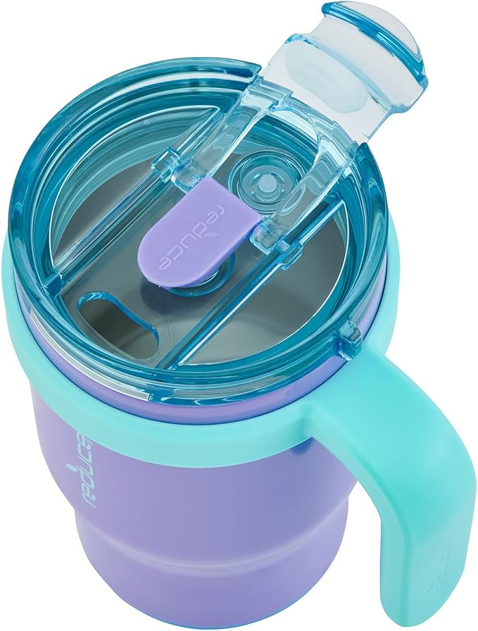 REDUCE 14 oz Coldee Tumbler with Handle for Kids - 2 Pack, Leakproof Insulated Stainless Steel Mug with Lid & Spill-Proof Straw, Keeps Drinks Cold up to 18 Hrs, Purple and Teal