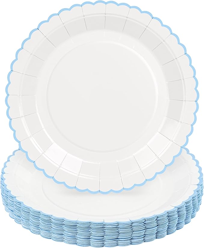 30 Pcs Blue and White Paper Plates, 9 Inch Baby Shower White Dinner Plates, Baby Blue Scalloped Paper Plates Party Supplies for Baby boy Shower, Wedding, Birthday, Bridal Shower