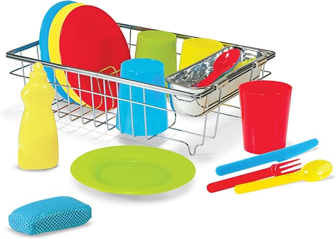 Melissa & Doug Wash and Dry Dish Set - 24 Pieces Kids Play Dishes, Play Kitchen Accessories, Toy Dishes for Kids Kitchen Ages 3+