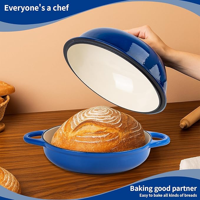 Dutch Oven for Bread Baking, 5.4 Quart Dutch Enameled Cast Iron Bread Oven, Dutch Oven for Sourdough Bread Baking, Oven Safe up to 500° F, 25 cm Blue