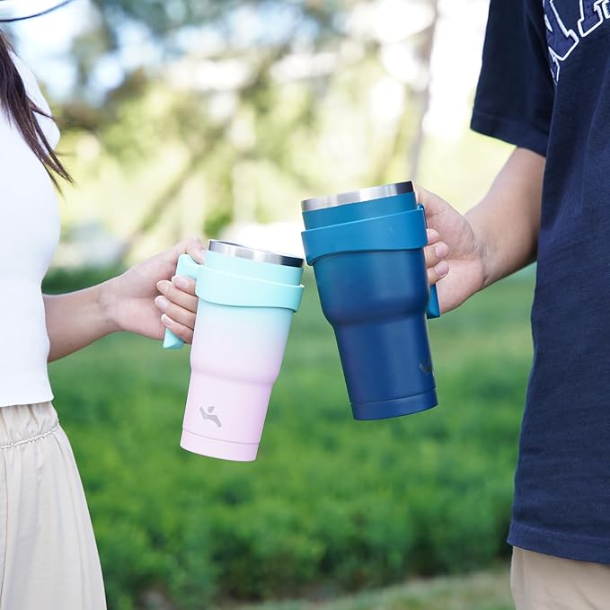 30 oz Tumbler with Handle and 2 Straw 2 Lid, Insulated Water Bottle Stainless Steel Vacuum Cup Reusable Travel Mug,Coral